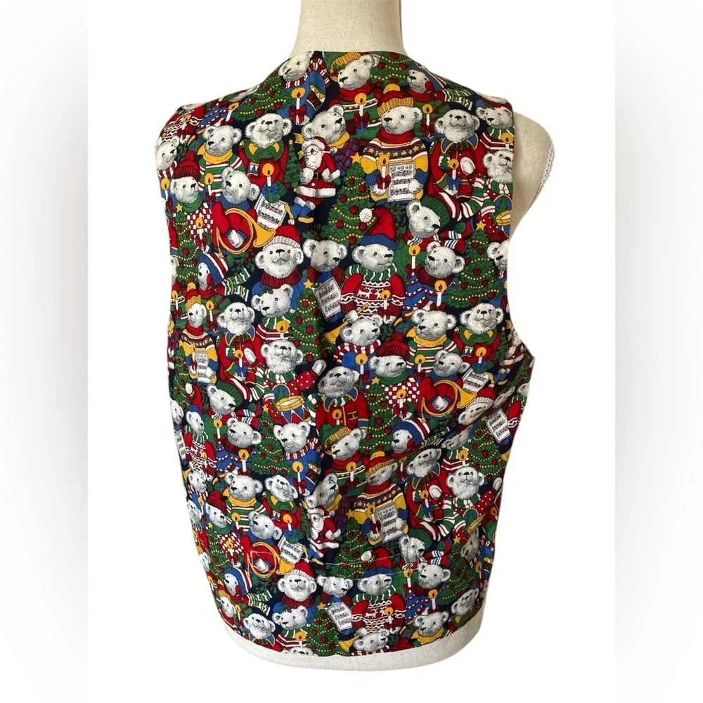 Vintage Festive Holiday Vest with Santa polar bear Print size L double view